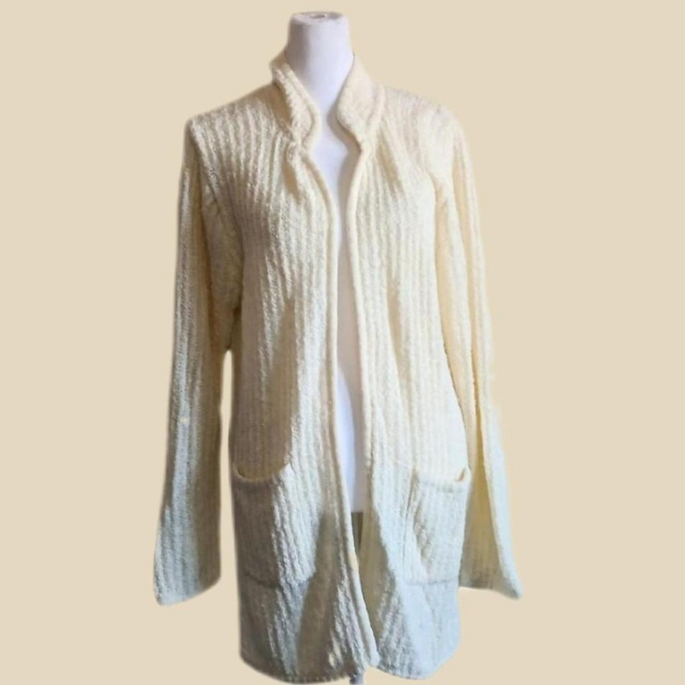 Vintage Cream Open Front Cardigan Sweater, Long Knit, CottageCore Winter Med.